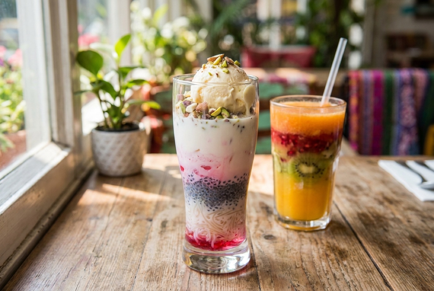 A tall glass of rose falooda with a fresh juice