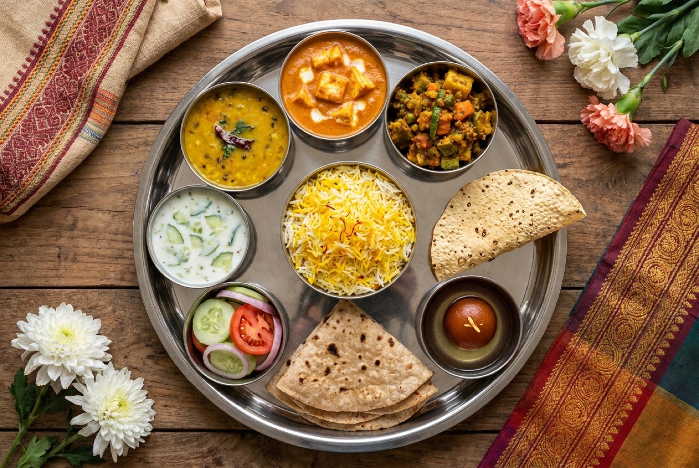 An abundant pure-veg Indian thali