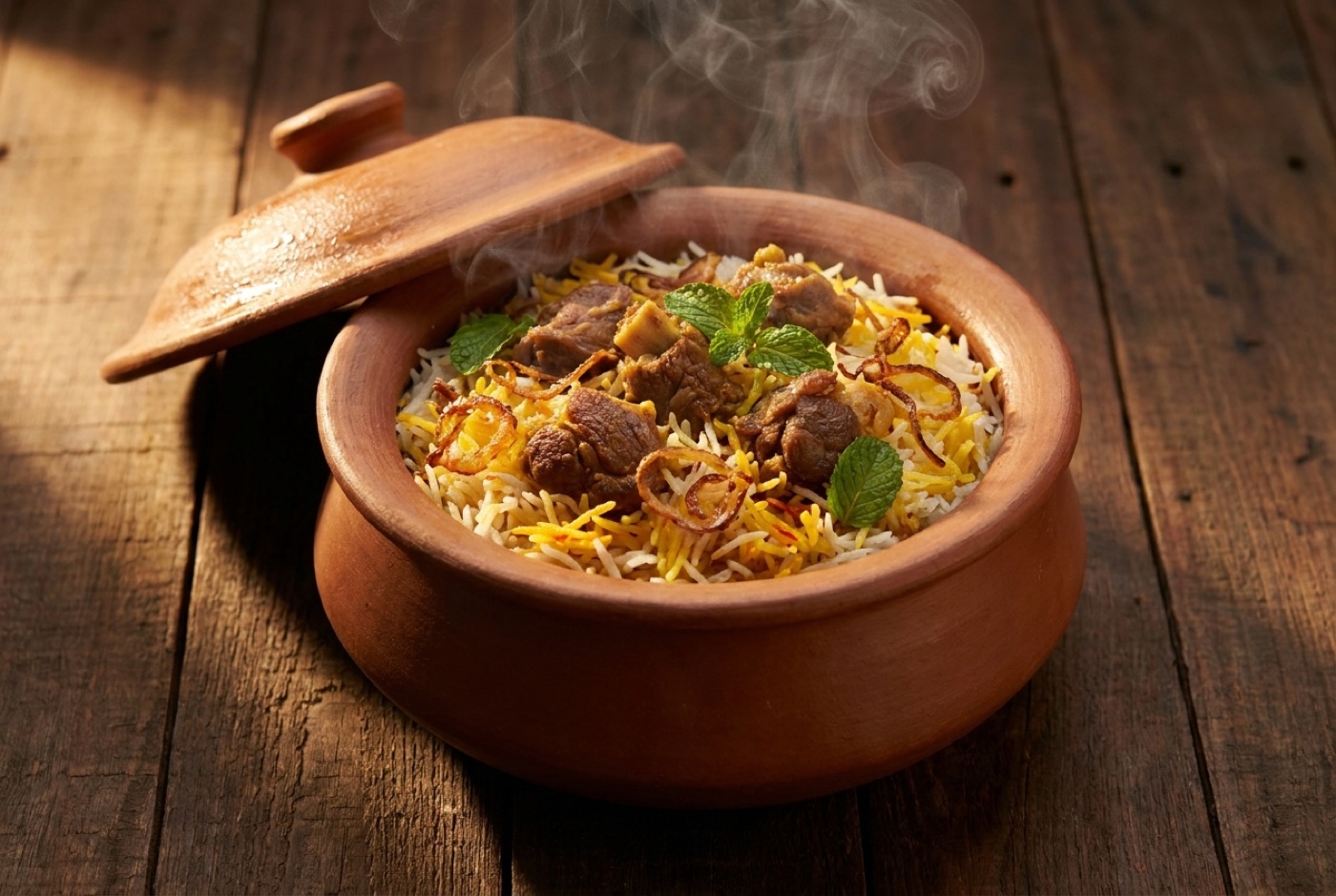 An open handi of steaming biryani