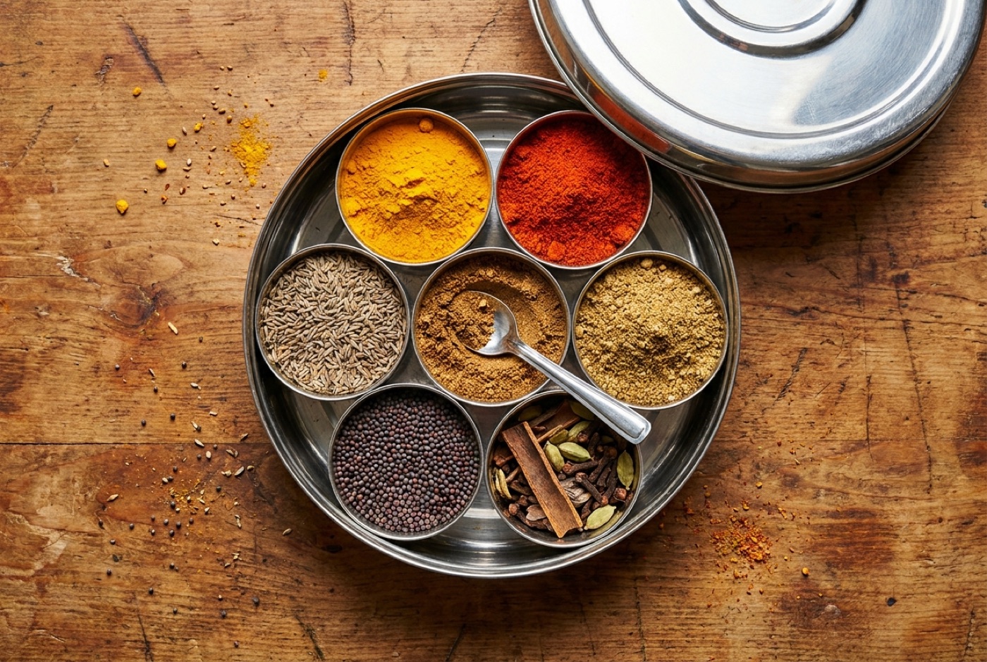 An open steel masala dabba filled with colourful spices
