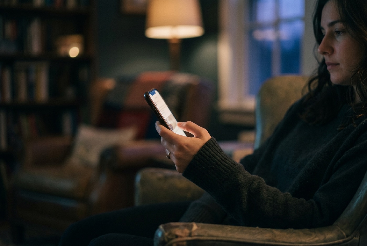 A glowing smartphone held in one hand in dim evening light